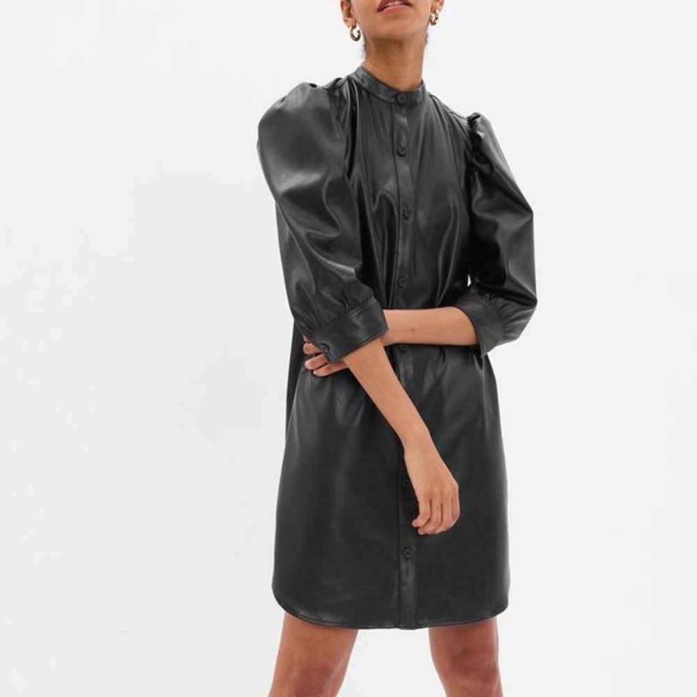 Gap Puff Sleeve Faux-Leather Mini Shirtdress NWT.